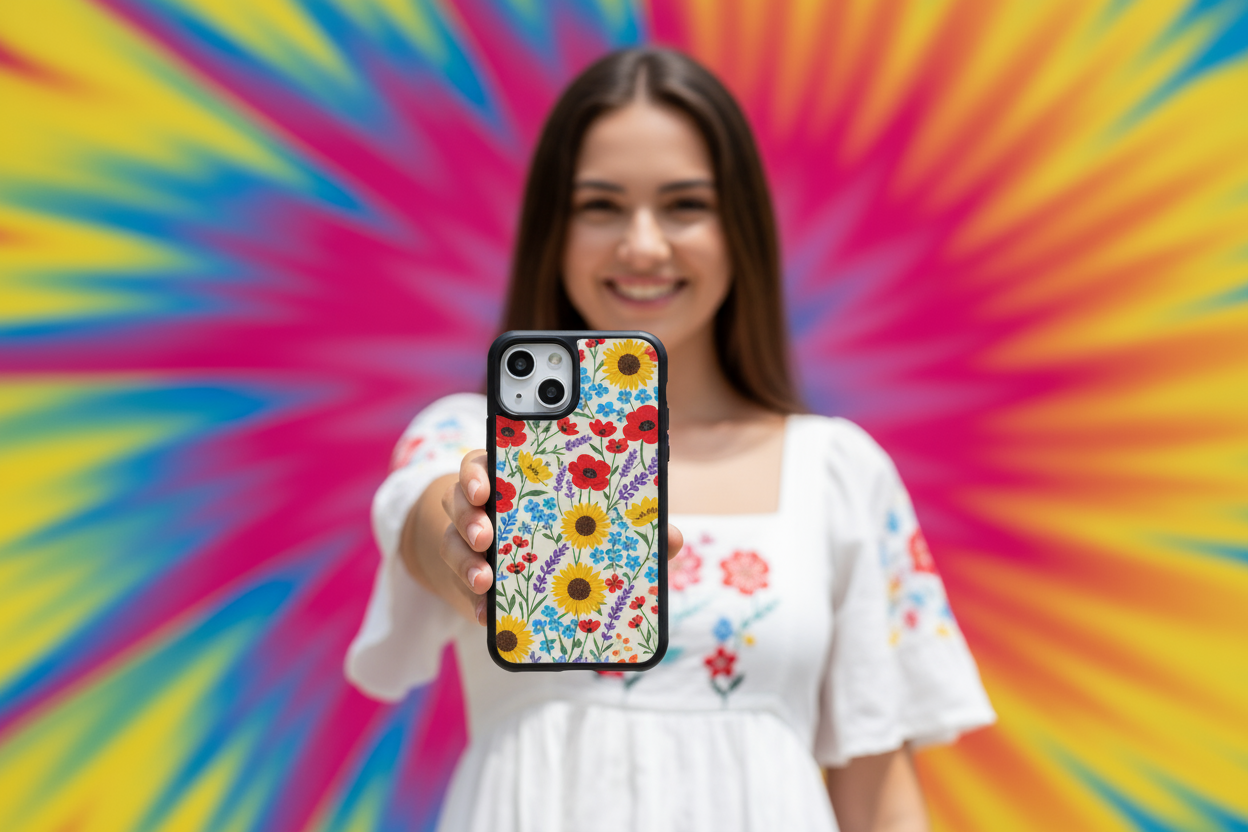 Mujer joven en un fondo colorido con un celular iphone que tiene una funda de flores pero con la orilla color negro